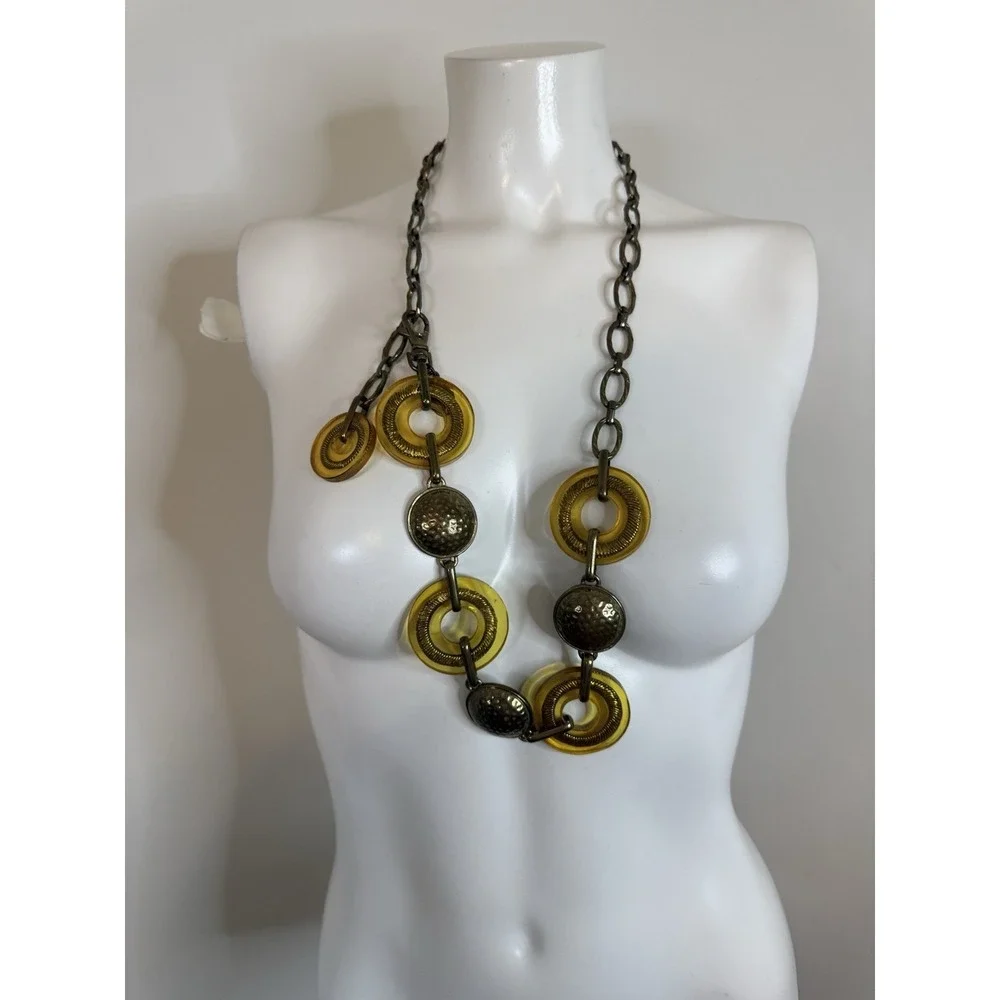 Chicos Metal Yellow Lucite Bronze Medallion‎ Chain Adjustable Belt Necklace 34